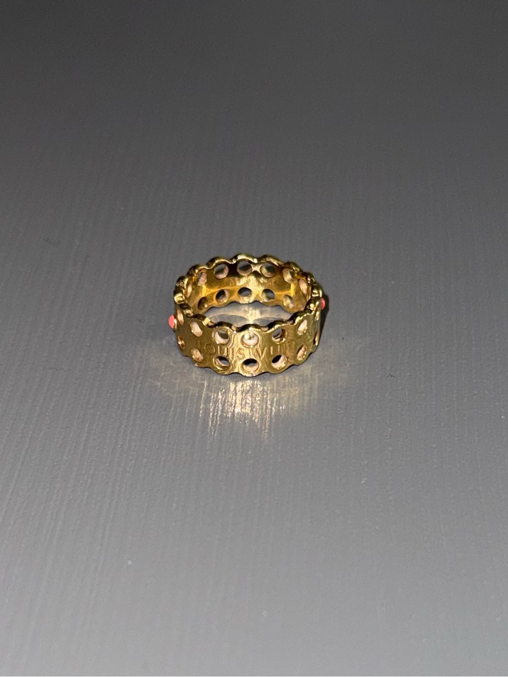 Louis Vuitton Hide & Seek Gold Tone Ring with Coral Studs – Size M